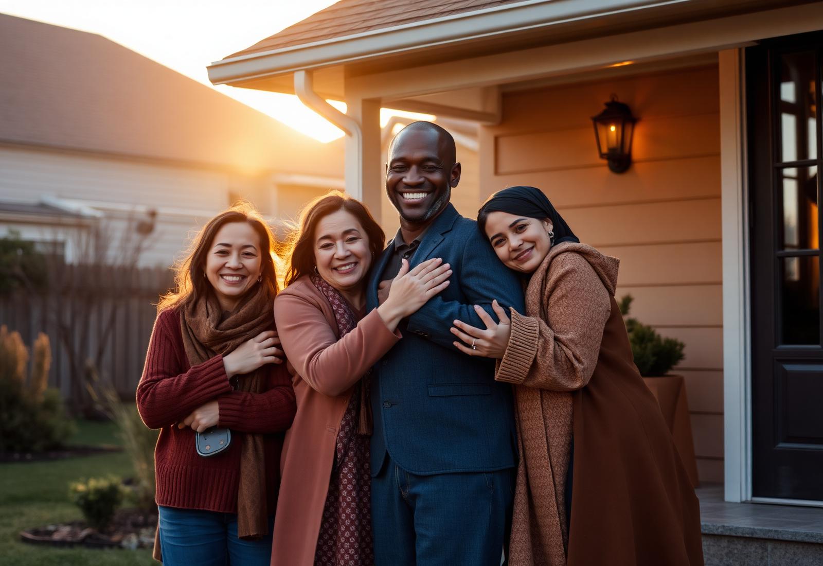 A family standing together at sunset